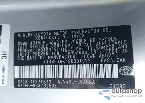 2009 Toyota Camry Le from USA, damaged, VIN 4T1BE46K19U384933